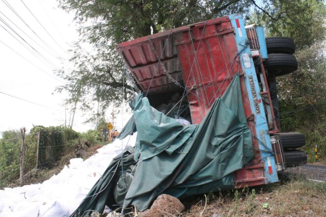 
Truk Muatan Pakan Ternak Terguling di Tanjakan Watudodol