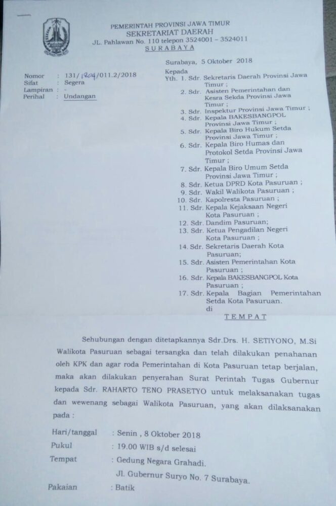 
Wawali Teno Ditunjuk Sebagai Plt Wali Kota Pasuruan