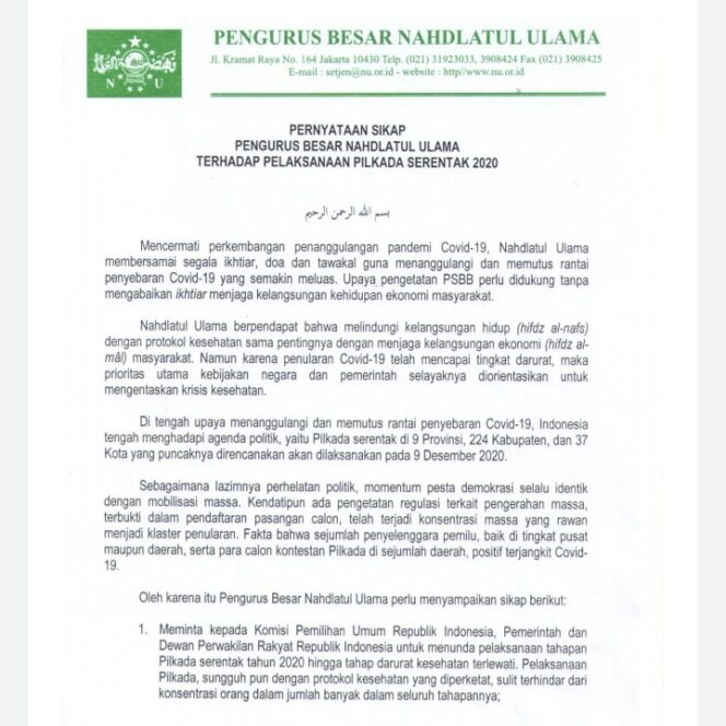 
PBNU Keluarkan Pernyataan Sikap Minta Tunda Pilkada Serentak 2020