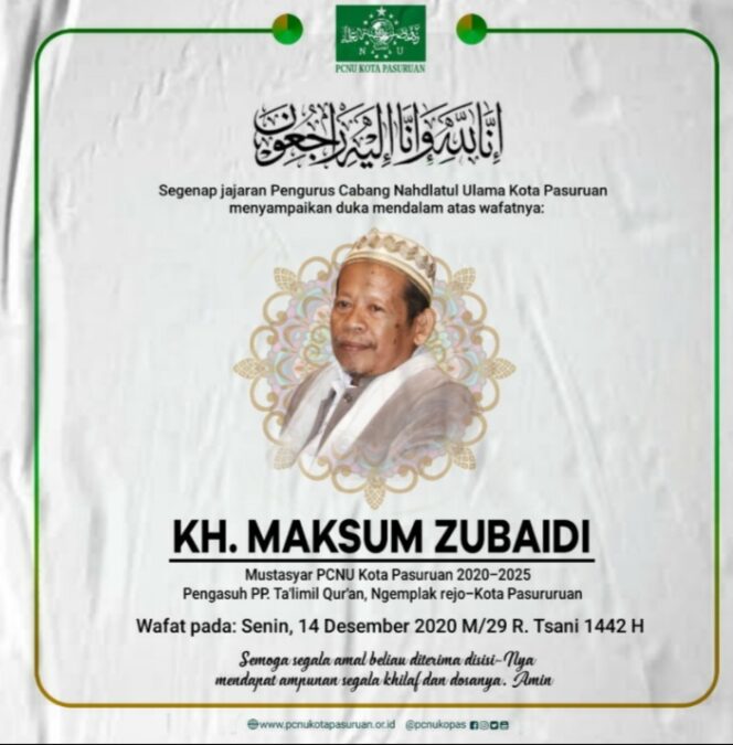 
Innalillahi, Mustasyar PCNU Kota Pasuruan KH Maksum Zubaidi Wafat