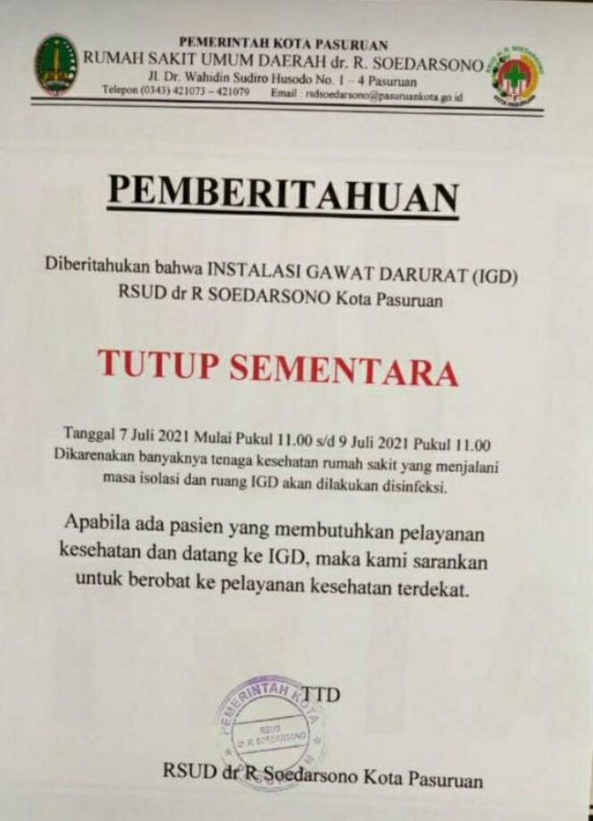 
RSUD Soedarsono Kota Pasuruan Tutup Sementara