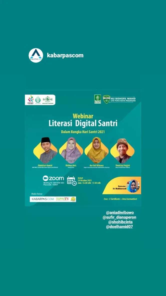 
LTN PCNU Kota Pasuruan Gelar Webinar “Literasi Digital Santri”