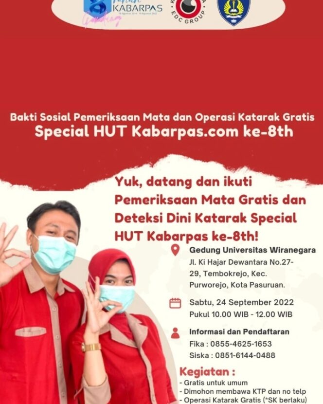 
Kabarpas bersama Klinik Mata EDC dan Kampus Uniwara Gelar Operasi Katarak Gratis