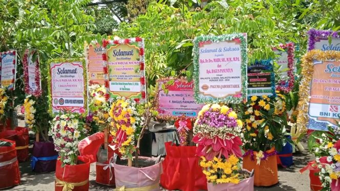 
Pelantikan Kepala Daerah, Halaman Balaikota Madiun Dibanjiri Papan Bunga Ucapan dari Pohon Buah