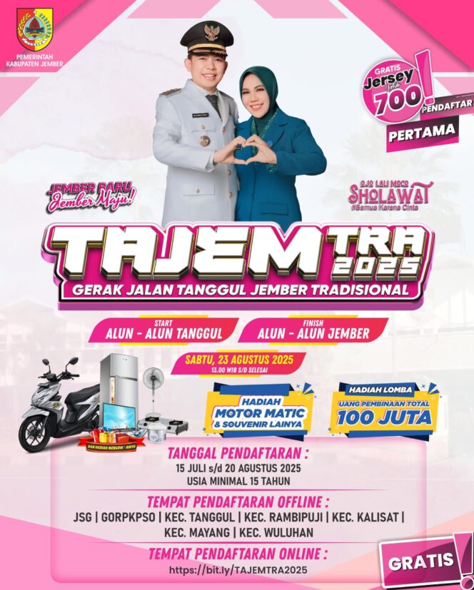 
Gerak Jalan Tajem Segera Digelar, Pemkab Jember Siapkan 700 Kaos Gratis Pendaftar Awal