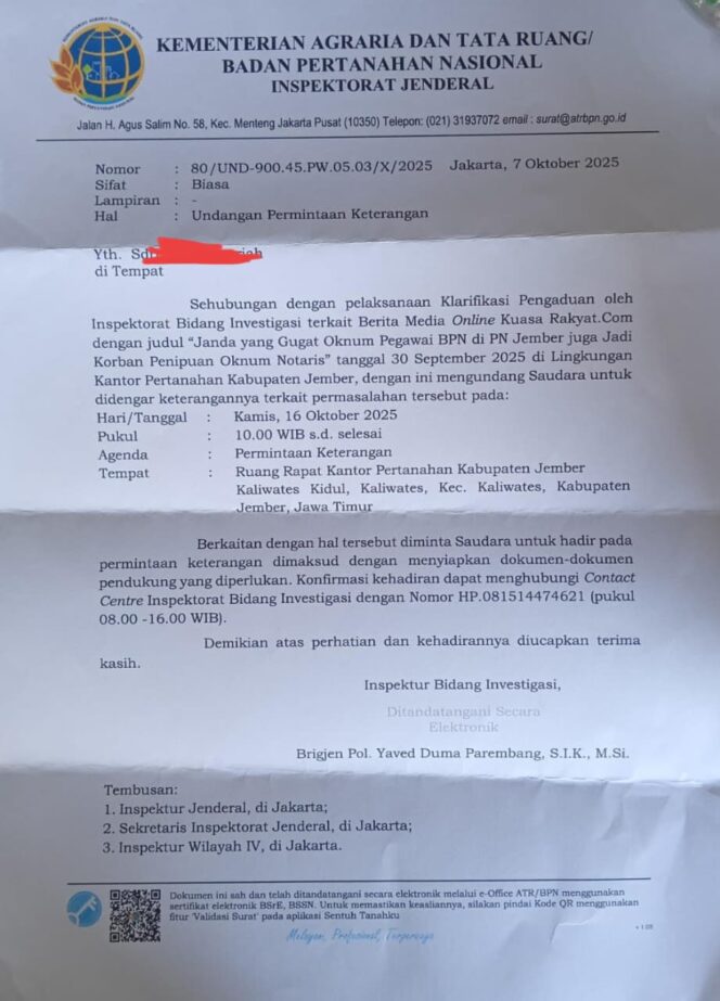 
Kasus Oknum BPN Bondowoso dan Notaris di Jember: Korban SQ Dipanggil Irjen Kementerian ATR/BPN untuk Dimintai Keterangan