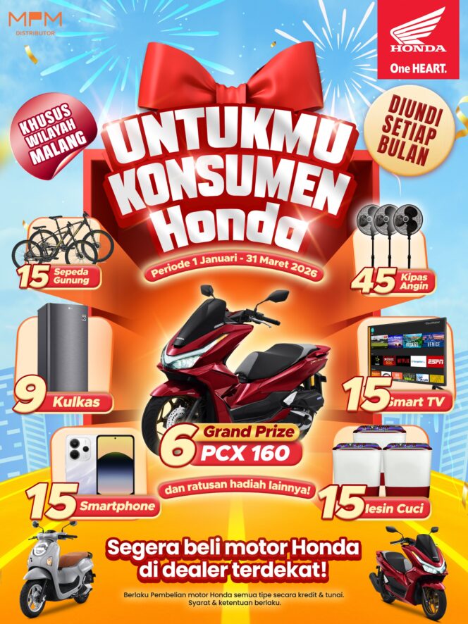 
MPM Honda Jatim Kembali Gelar Program “Untukmu Konsumen Honda” di Blitar, Kesempatan Menangkan Honda PCX160 Setiap Bulan